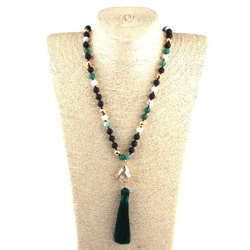 Lava Howlite Aventurine Knotted Crystal Long Tassel Necklace