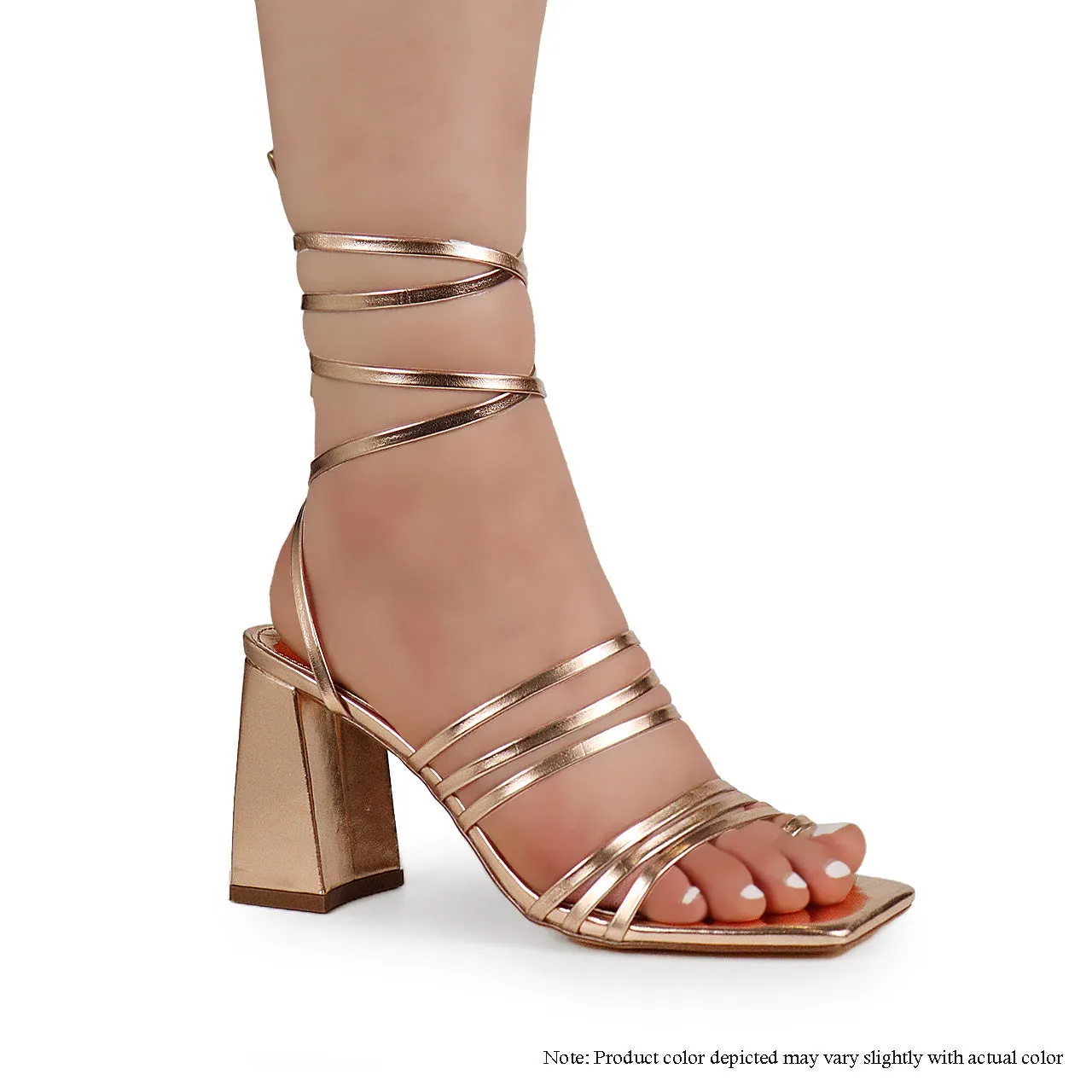 LEANA-12 TOE RING STRAP TIE UP CHUNKY HEEL SANDAL - METALLIC CARAMEL