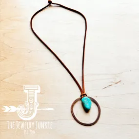 **Leather Cord Necklace Copper Hoop & Blue Turquoise 257t