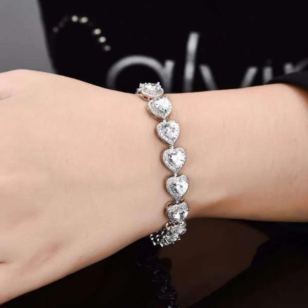 Love Game CZ Heart 14K White Gold Plated Tennis Bracelet for Women