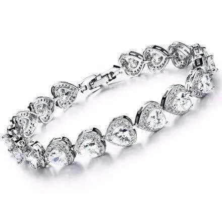 Love Game CZ Heart 14K White Gold Plated Tennis Bracelet for Women