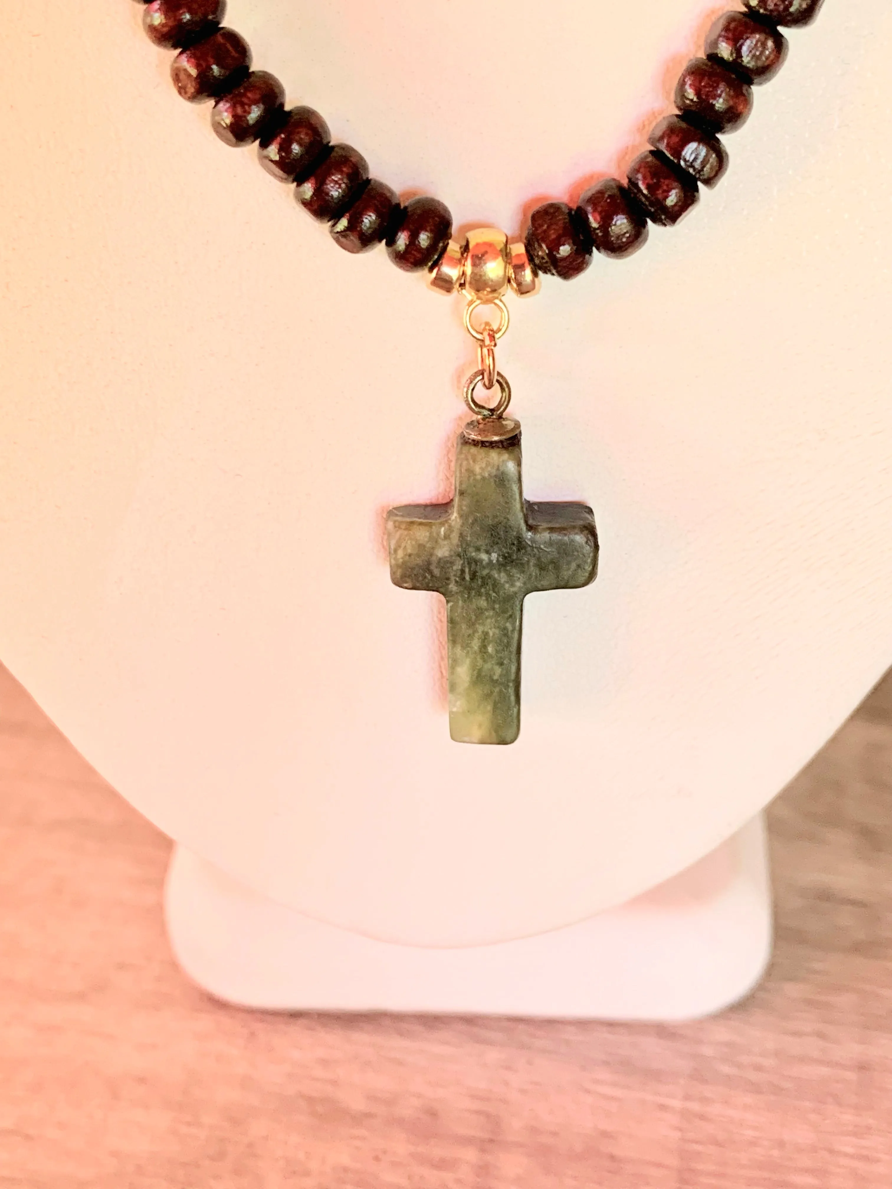 Luke Handmade Dragon Bloodstone Jasper, Dark Wood, Gold Plated Hematite Necklace With a Vintage Jade Cross