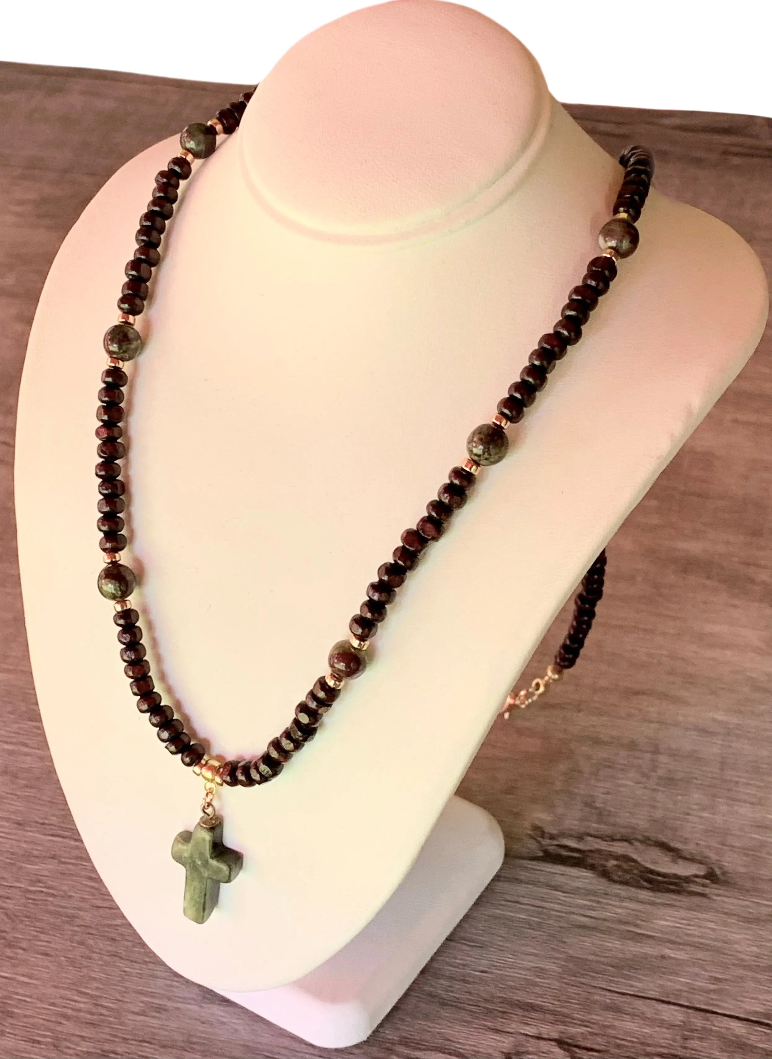 Luke Handmade Dragon Bloodstone Jasper, Dark Wood, Gold Plated Hematite Necklace With a Vintage Jade Cross