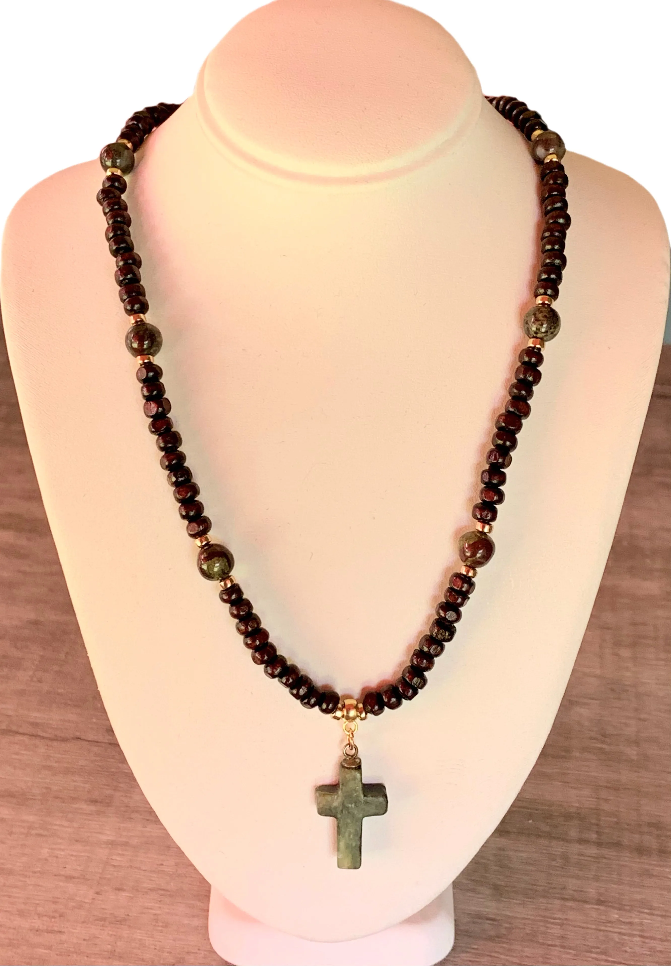 Luke Handmade Dragon Bloodstone Jasper, Dark Wood, Gold Plated Hematite Necklace With a Vintage Jade Cross