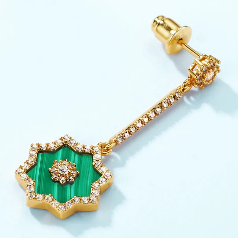 Malachite Star Pendant Long Tassel Zircon Sterling Silver Drop Earrings