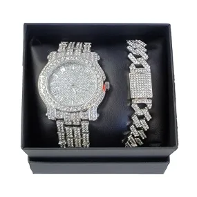 Men's Fashion Design Hip Hop Sliver Watch and Bracelet Diamond Stone