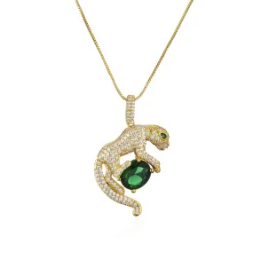 Micro-Pave Gold Plated Created Emerald Leopard Pendant Necklace