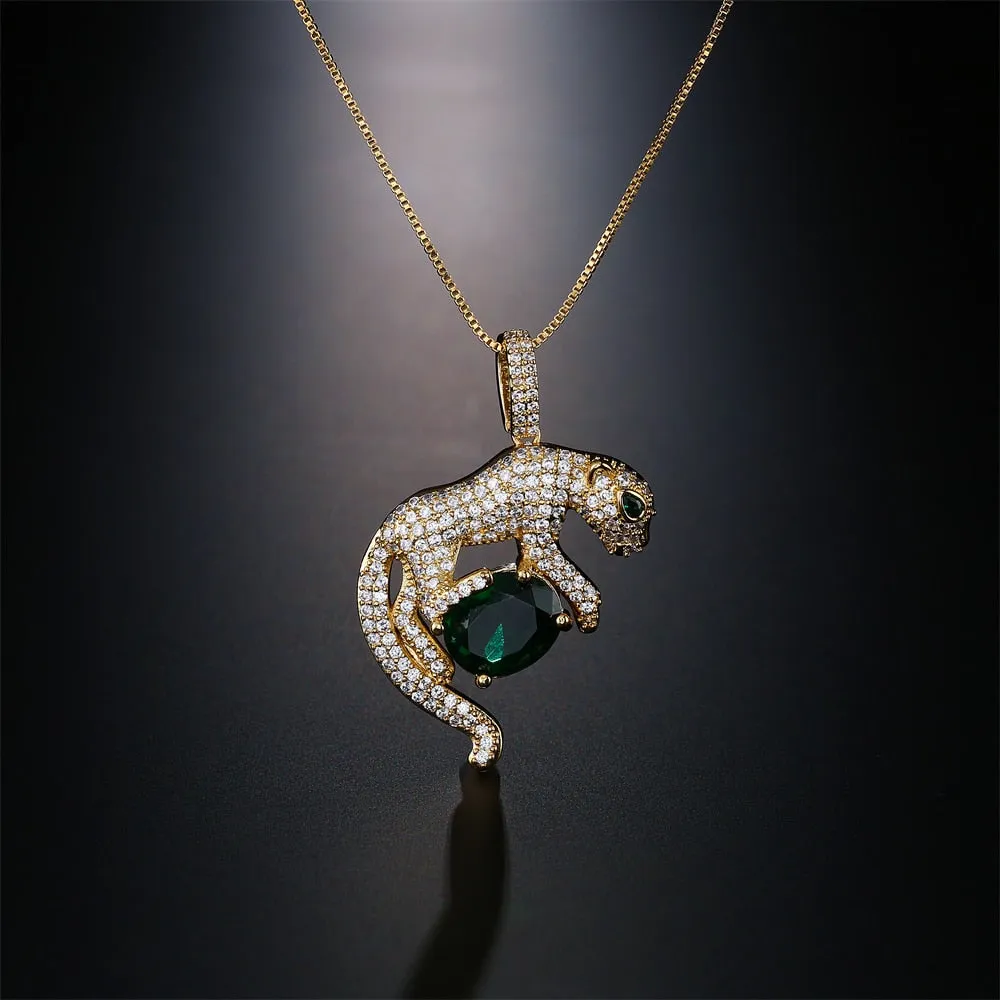 Micro-Pave Gold Plated Created Emerald Leopard Pendant Necklace