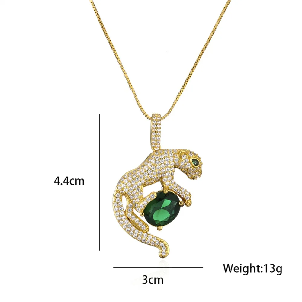 Micro-Pave Gold Plated Created Emerald Leopard Pendant Necklace