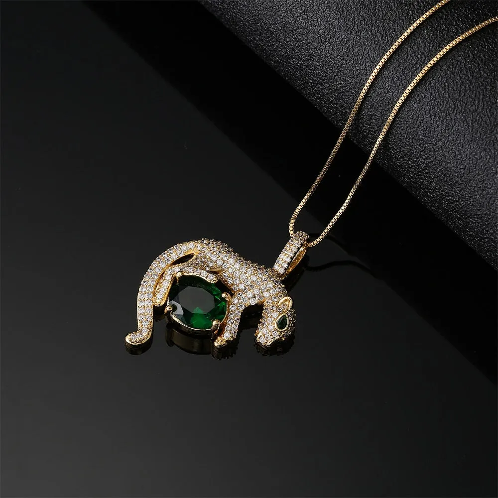 Micro-Pave Gold Plated Created Emerald Leopard Pendant Necklace