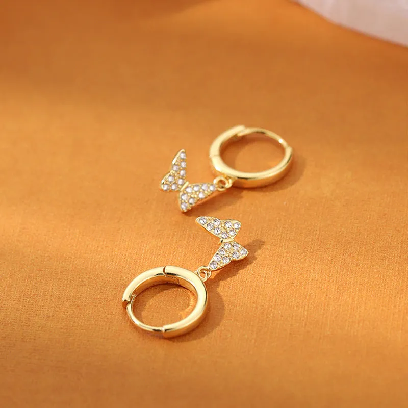 Mini Zircon Butterfly Silver Hoop Earrings for Women