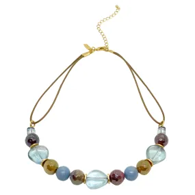 Mookaite, Blue Pressed Glass, Blue Jade, and Flat Matte Gold Nugget Necklace