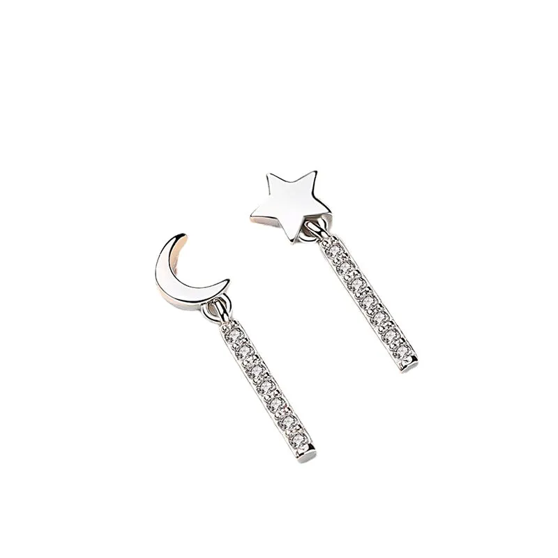 Moon and Star with Zircon Strip Asymmetric Silver Studs Earrings for Women