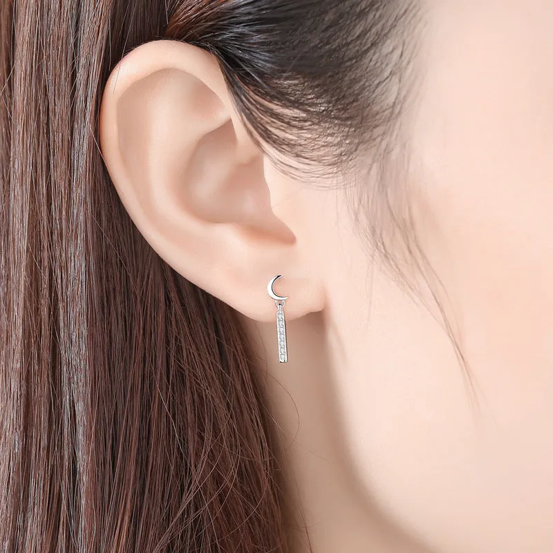 Moon and Star with Zircon Strip Asymmetric Silver Studs Earrings for Women