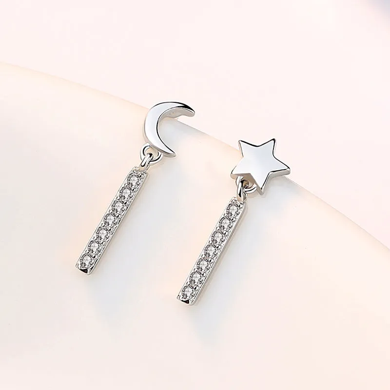 Moon and Star with Zircon Strip Asymmetric Silver Studs Earrings for Women