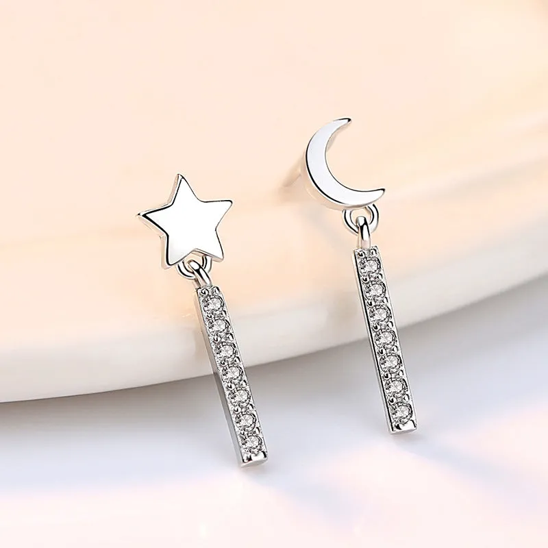 Moon and Star with Zircon Strip Asymmetric Silver Studs Earrings for Women