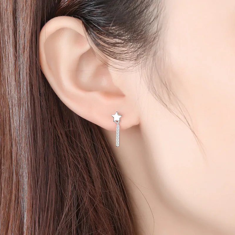 Moon and Star with Zircon Strip Asymmetric Silver Studs Earrings for Women