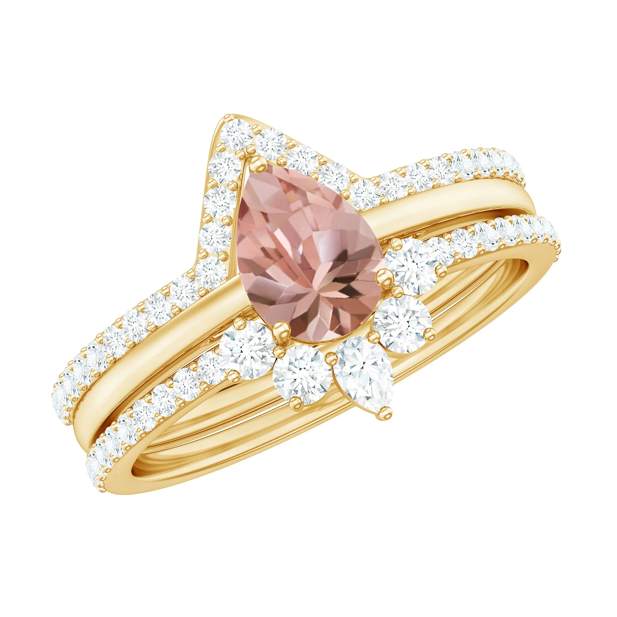 Morganite Trio Wedding Ring Set with Diamond