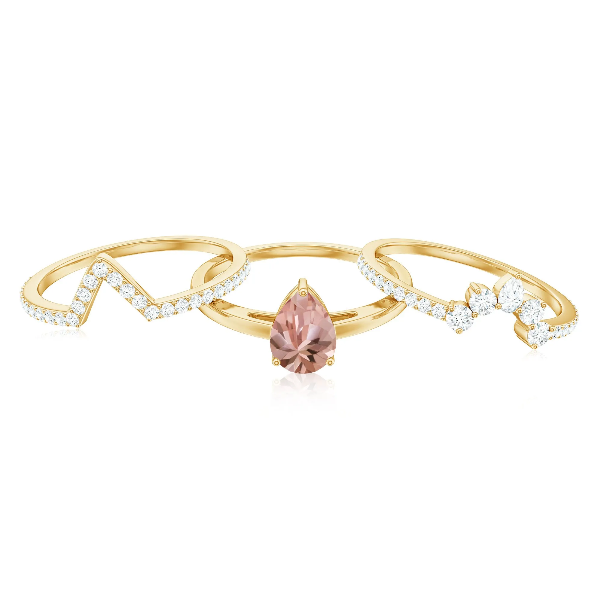 Morganite Trio Wedding Ring Set with Diamond