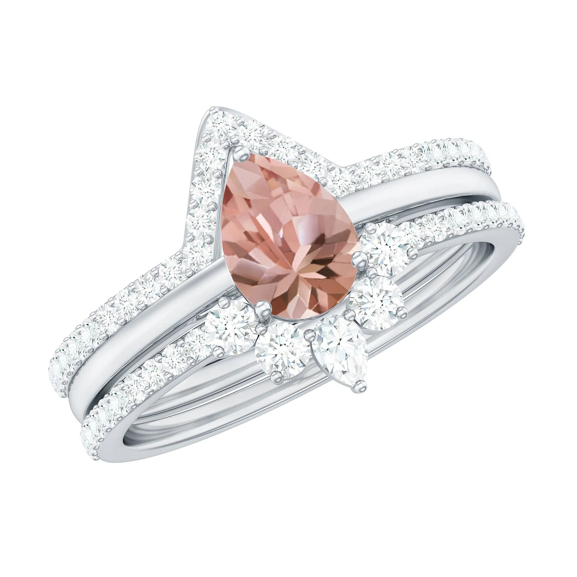 Morganite Trio Wedding Ring Set with Diamond