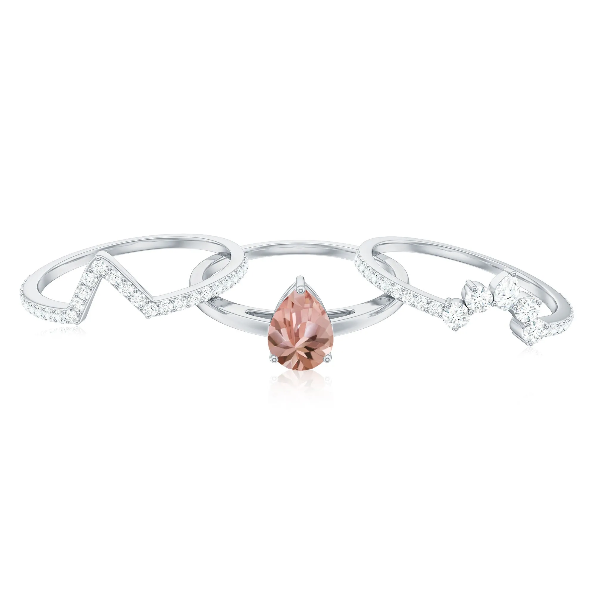 Morganite Trio Wedding Ring Set with Diamond