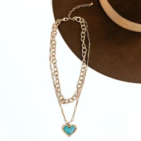 Mostly In Love Matte Gold Tone Two Strand Layering Necklace with Faux Turquoise Heart Pendant