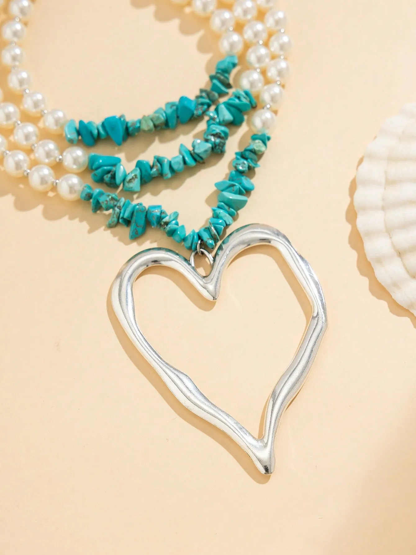 Multi-Layer Turquoise & Pearl Heart Necklace