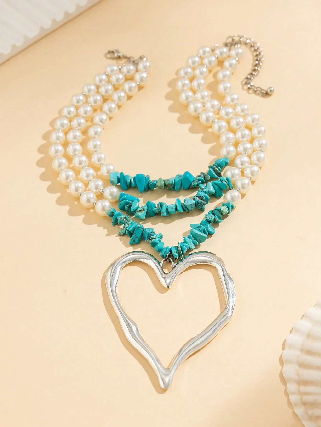 Multi-Layer Turquoise & Pearl Heart Necklace