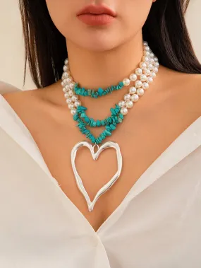 Multi-Layer Turquoise & Pearl Heart Necklace