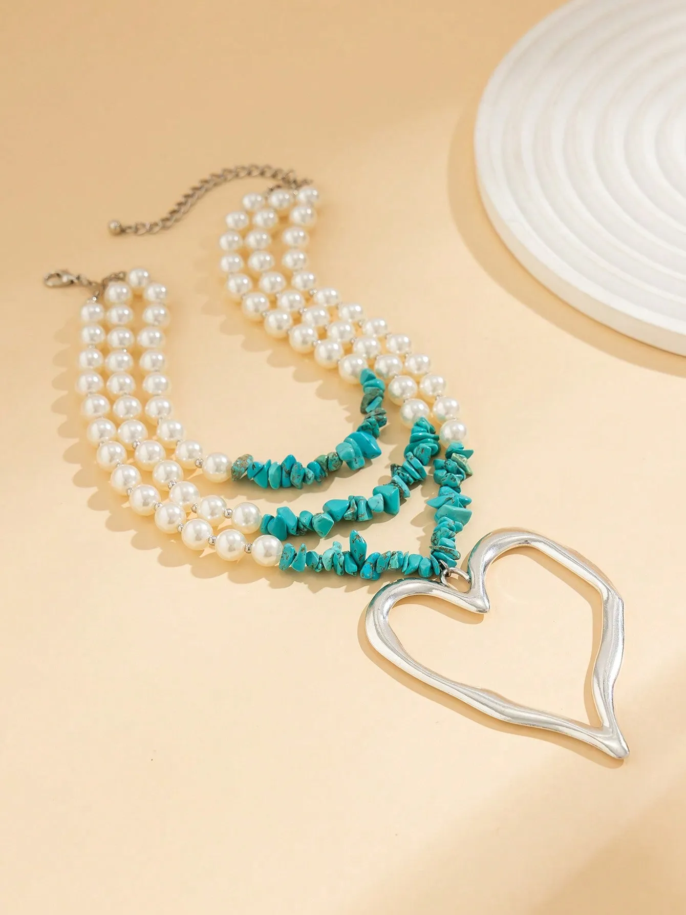 Multi-Layer Turquoise & Pearl Heart Necklace