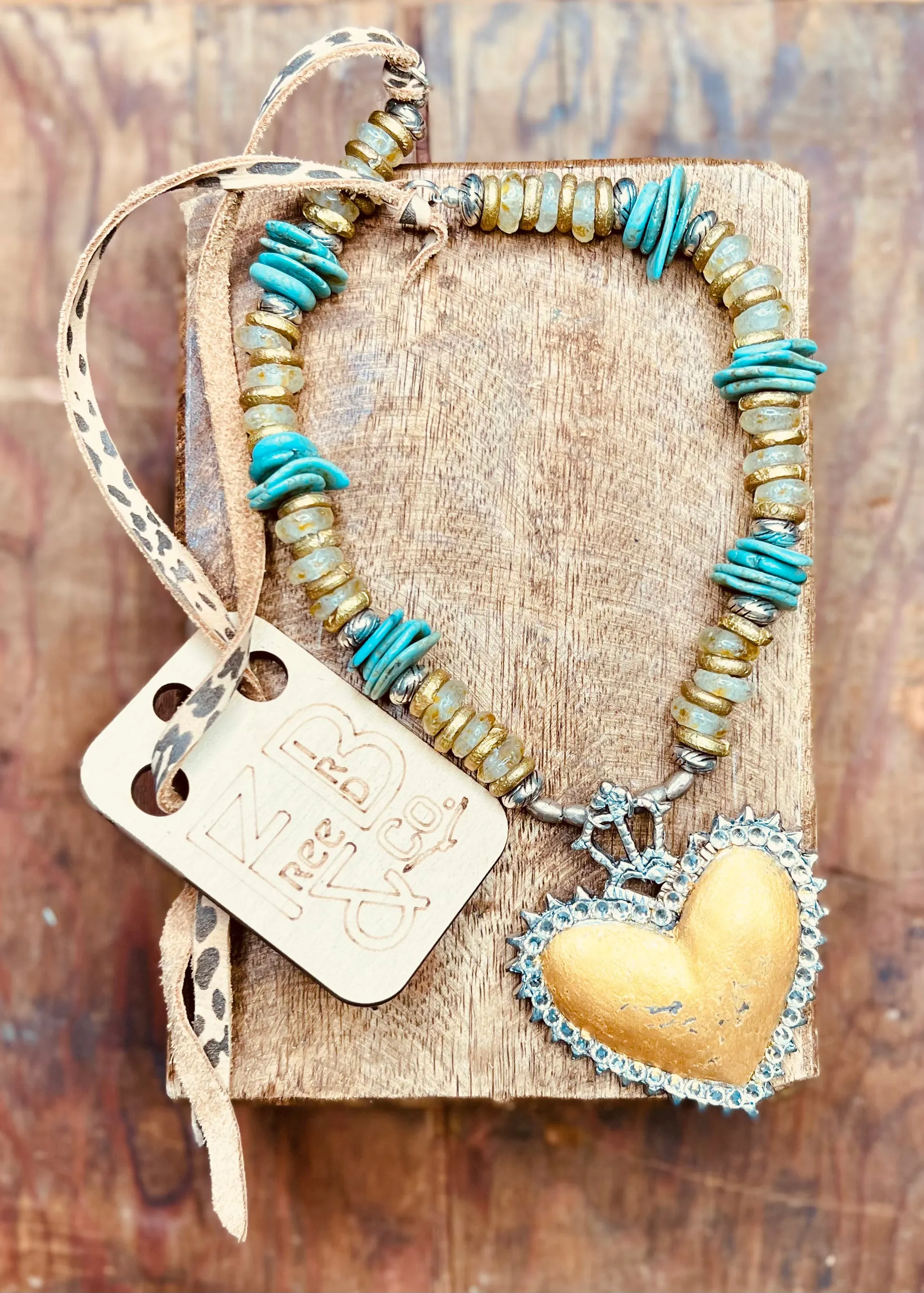 Mustard Metal Heart Pendant Necklace - Turquoise