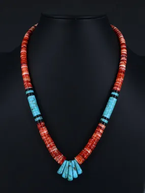 Native American Indian Jewelry Single Strand Spiny Oyster and Turquoise Necklace