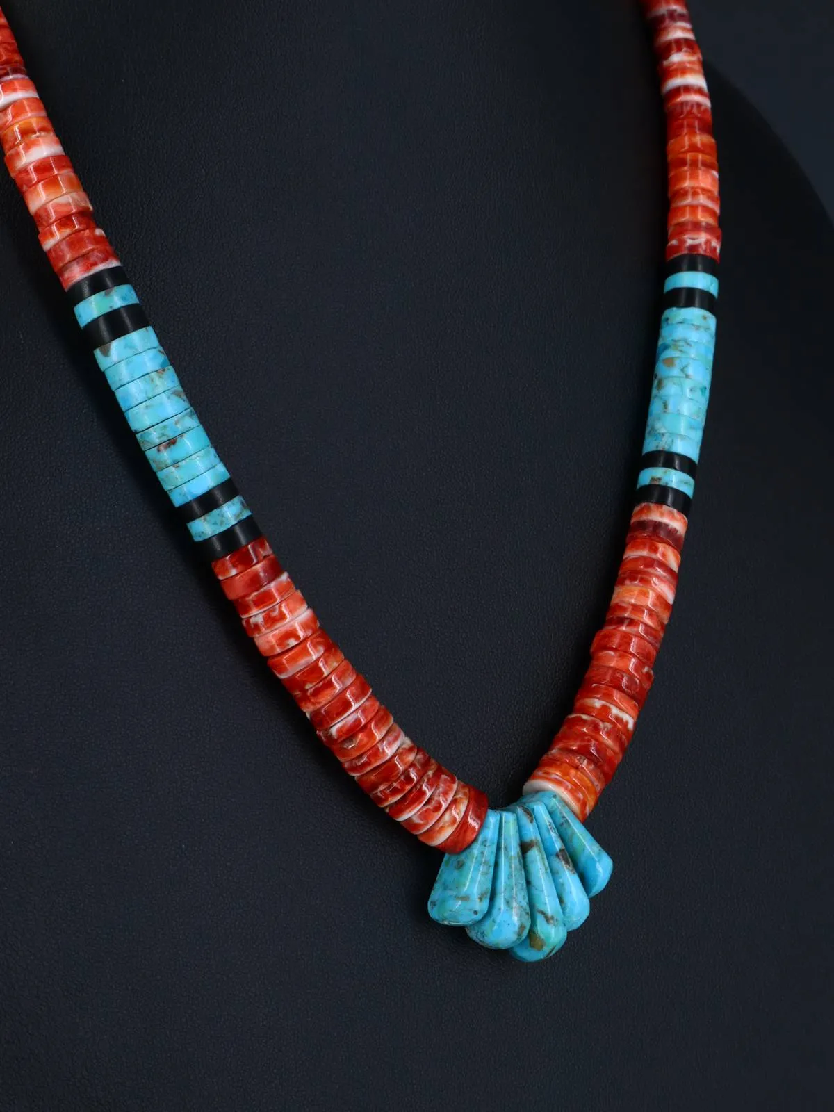 Native American Indian Jewelry Single Strand Spiny Oyster and Turquoise Necklace