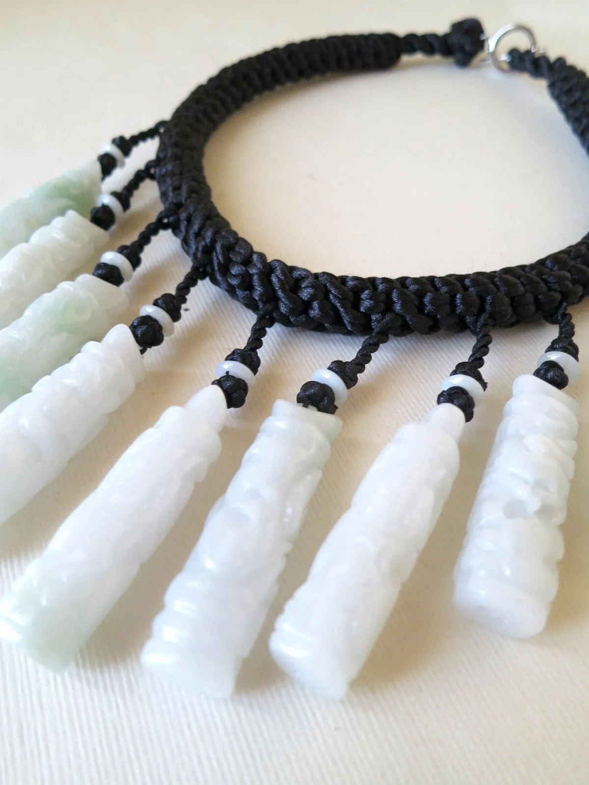 Natural Burmese Jade Carved Cylinder Bead Necklace