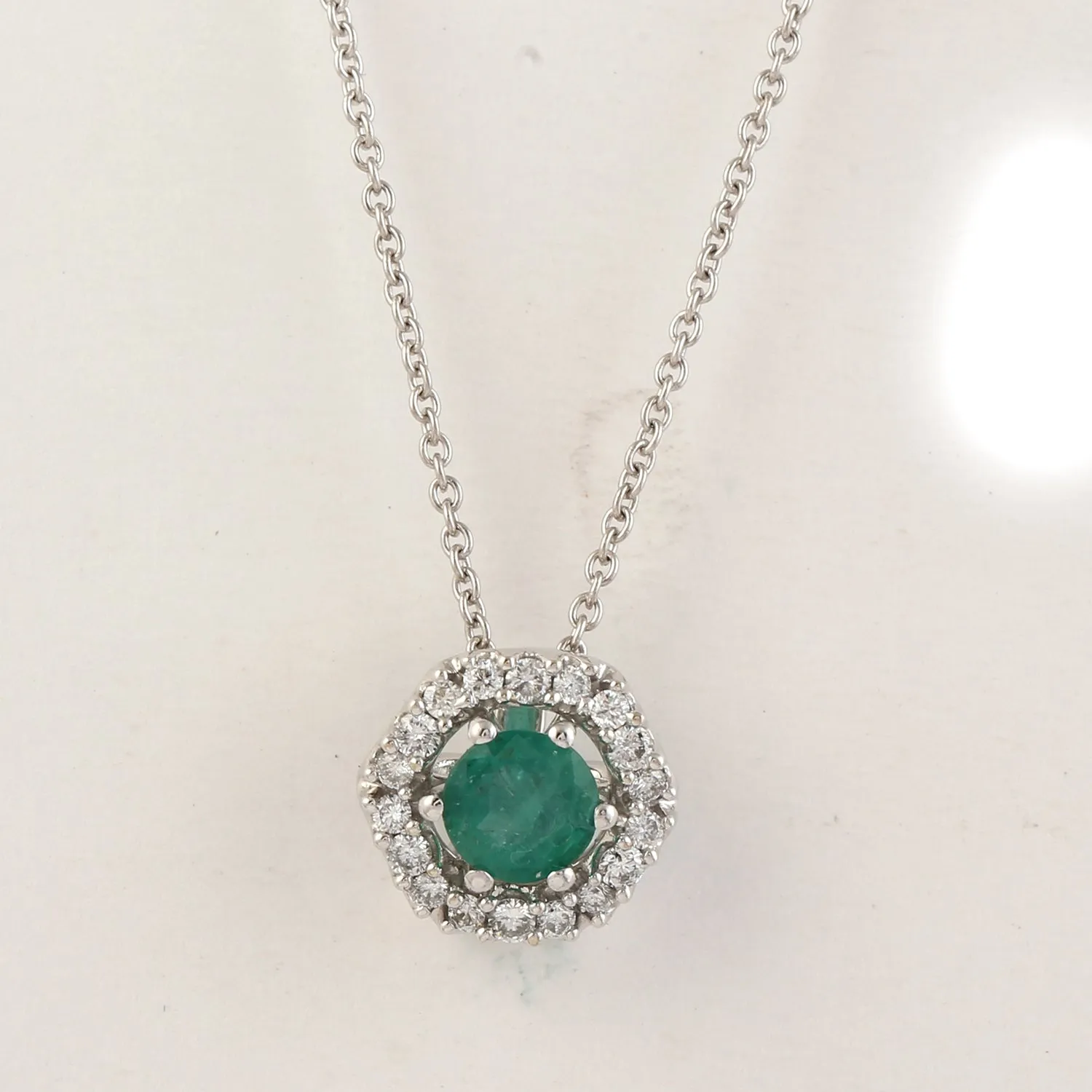 Natural Emerald & Pave Diamond Hexagon Halo Pendant 14k White Gold Chain Necklace Jewelry