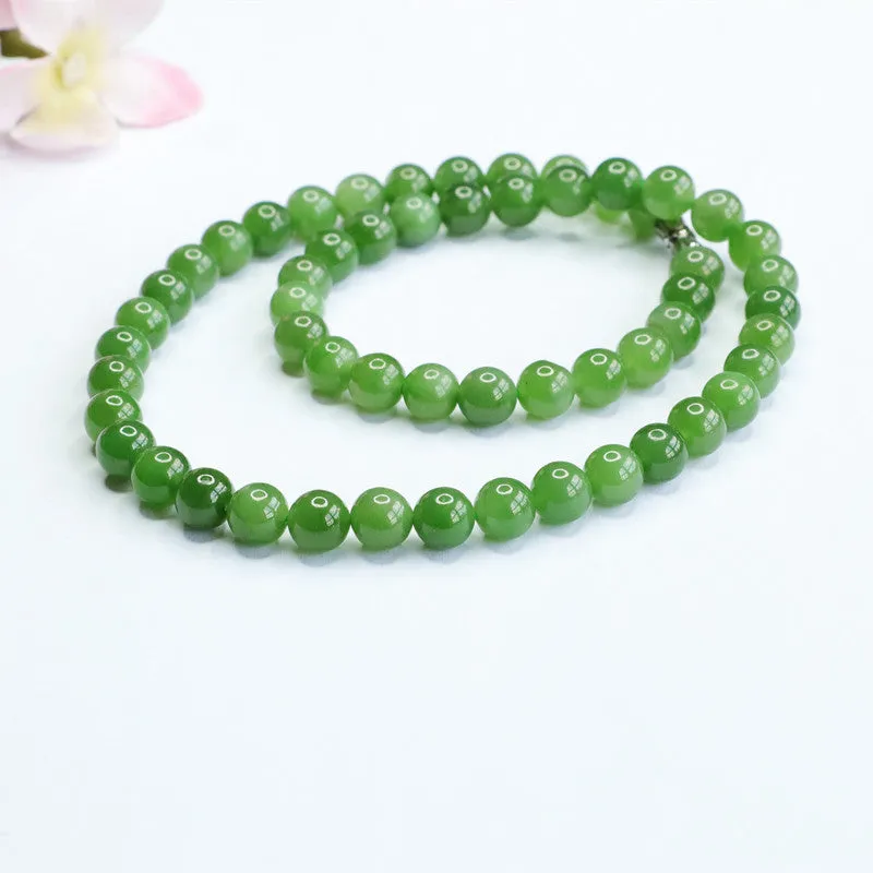 Natural Hotan Jade Necklace Jasper Apple Green Bead String Jewelry