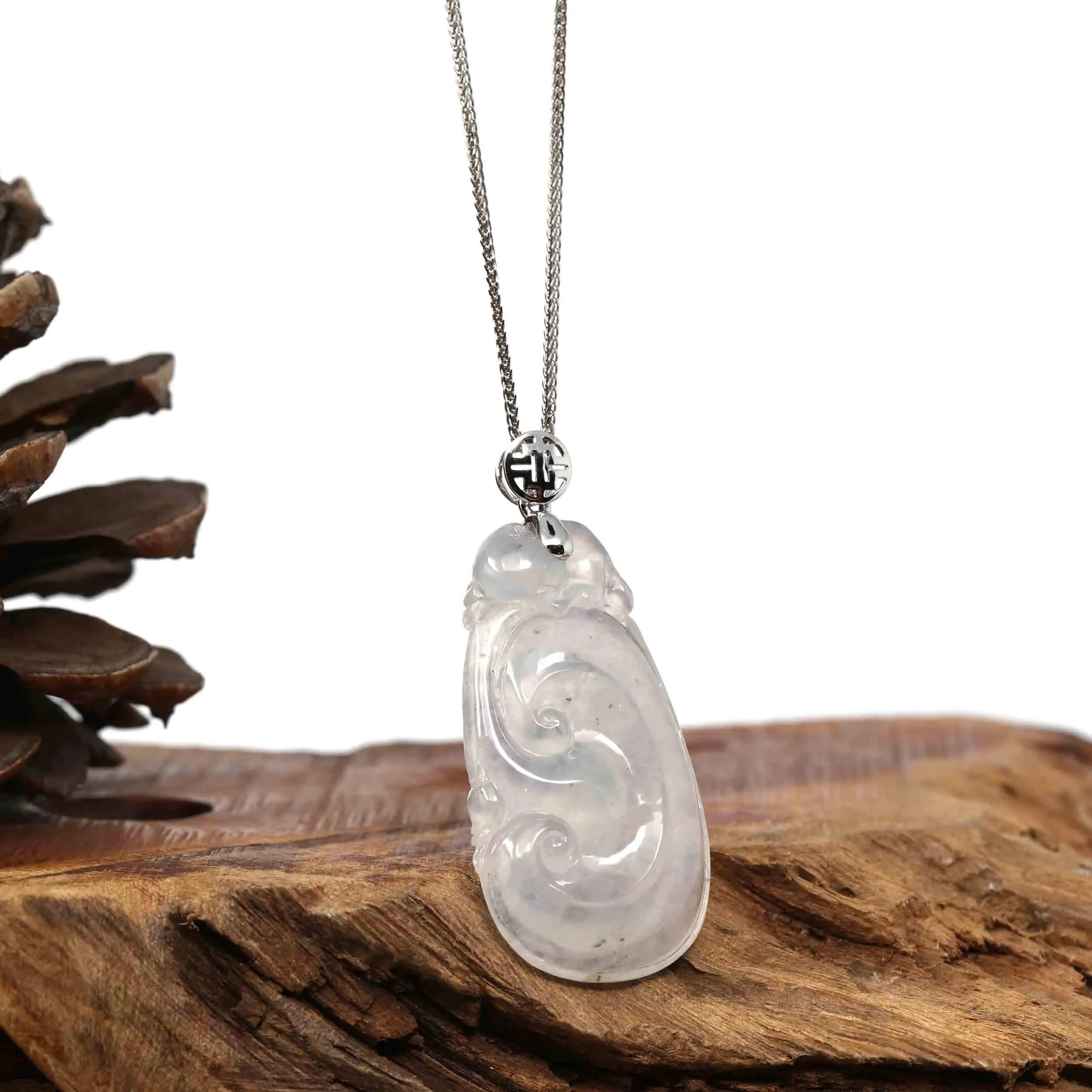 Natural Ice White Jadeite Jade Ru Yi Necklace With 14k White Gold Bail