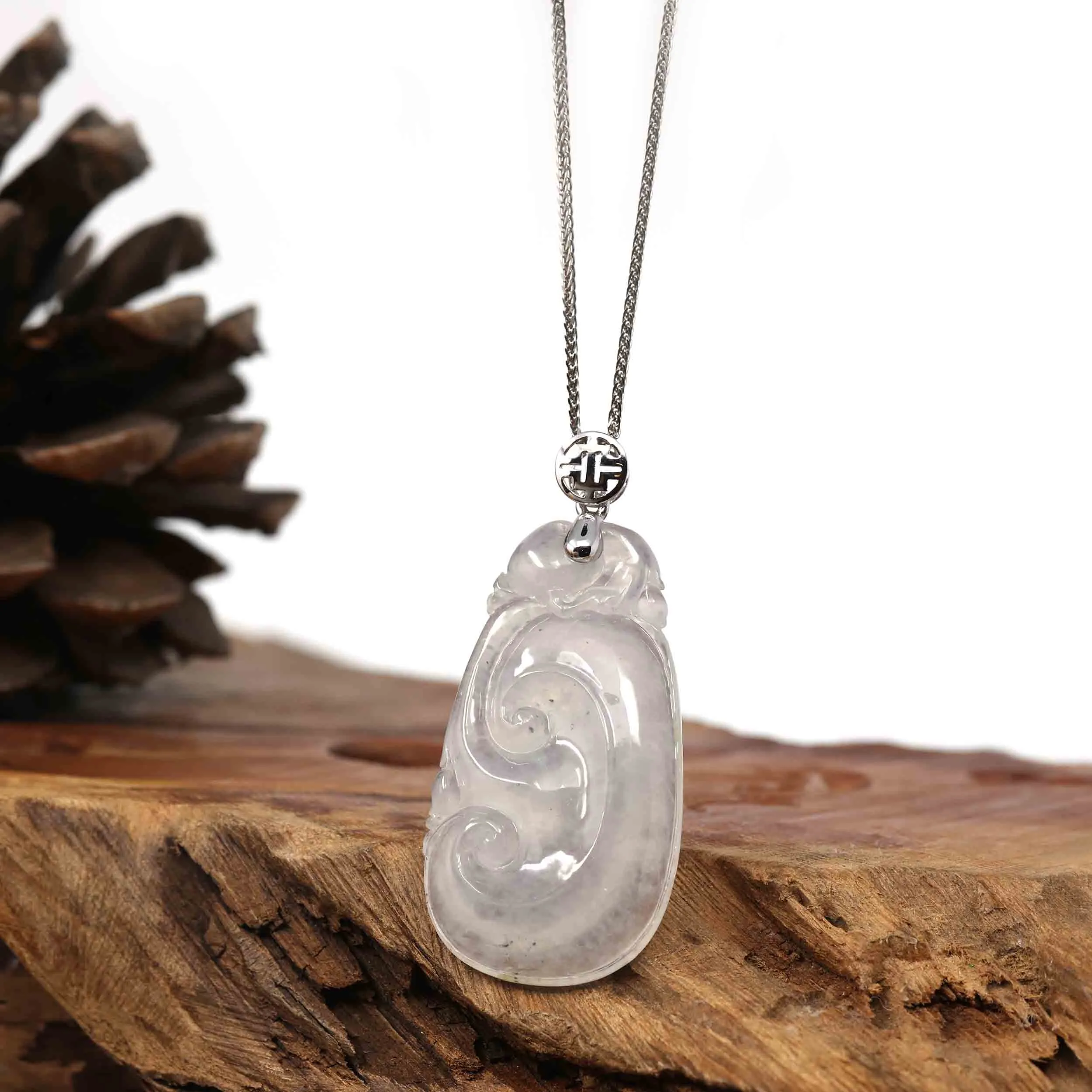 Natural Ice White Jadeite Jade Ru Yi Necklace With 14k White Gold Bail