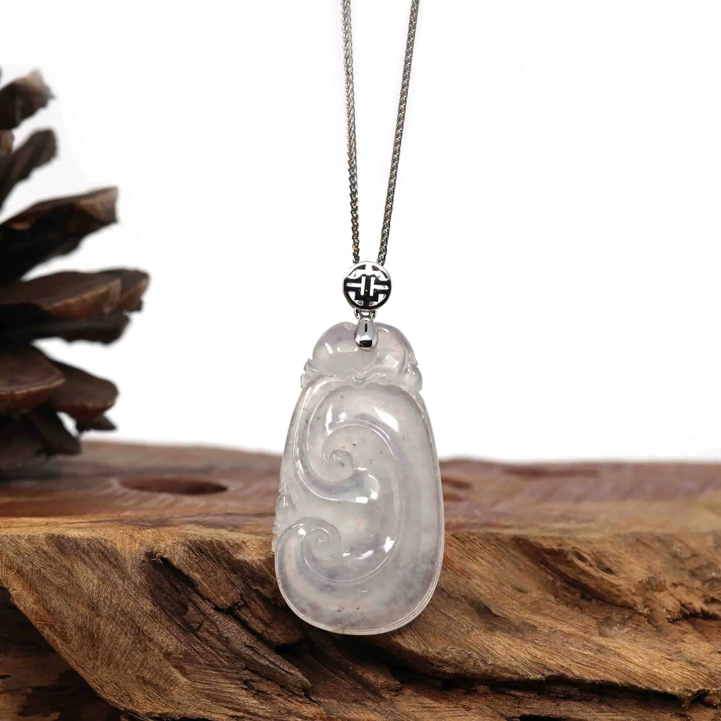 Natural Ice White Jadeite Jade Ru Yi Necklace With 14k White Gold Bail