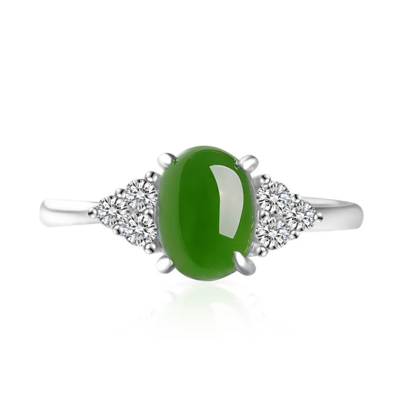 Natural Jade Ring Nephrite Silver Zircon Adjustable Ring ZNRG102