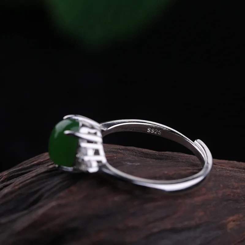 Natural Jade Ring Nephrite Silver Zircon Adjustable Ring ZNRG102