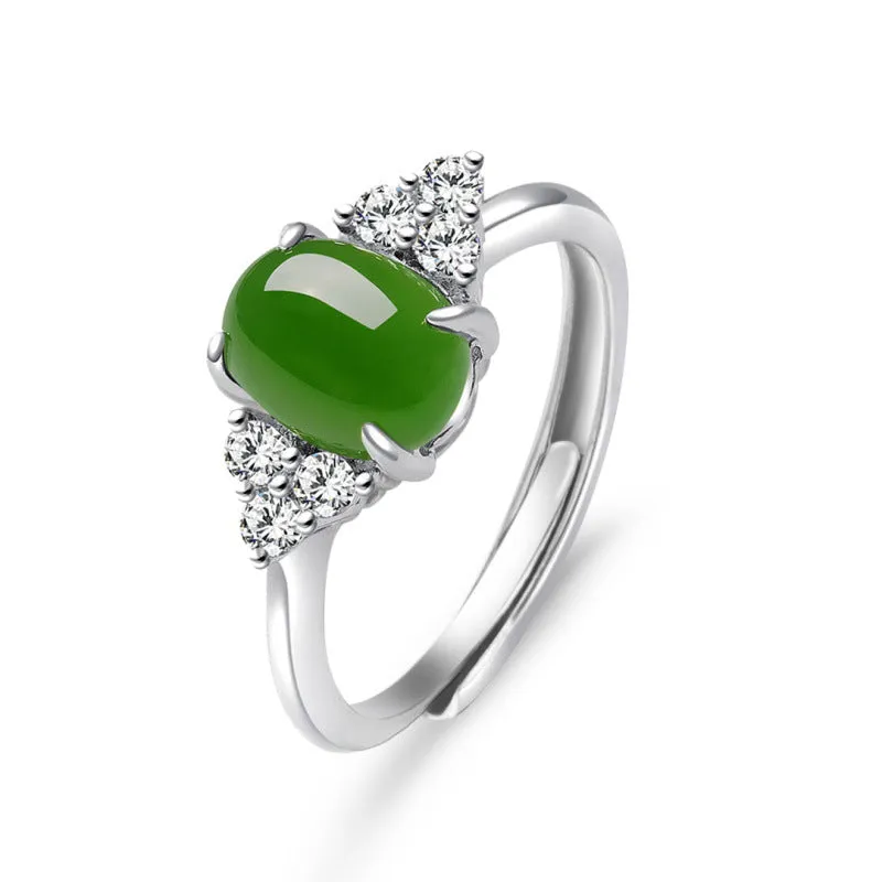 Natural Jade Ring Nephrite Silver Zircon Adjustable Ring ZNRG102