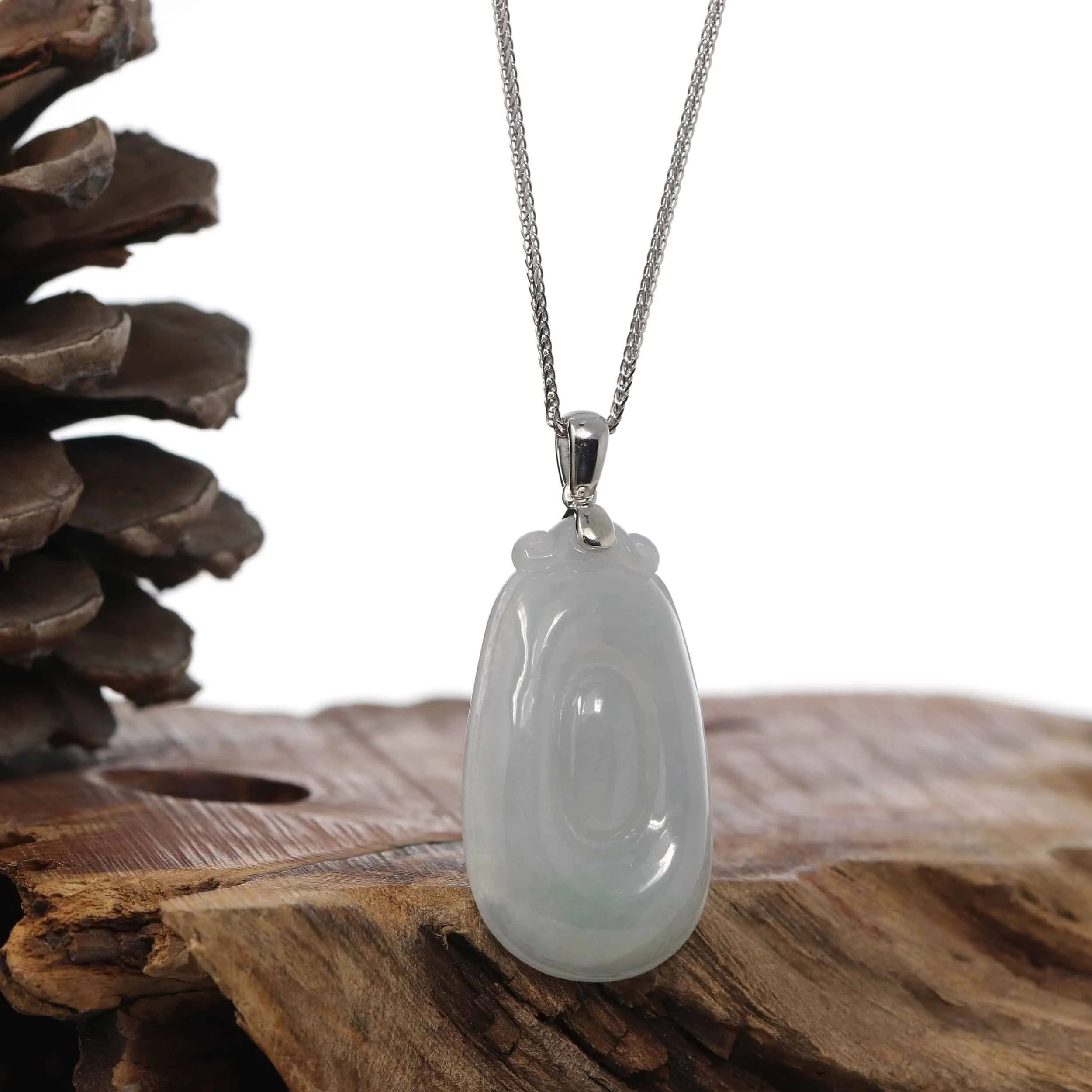 Natural Light Green Jadeite Jade Fu Bei Pendant Necklace With Sterling Silver Bail