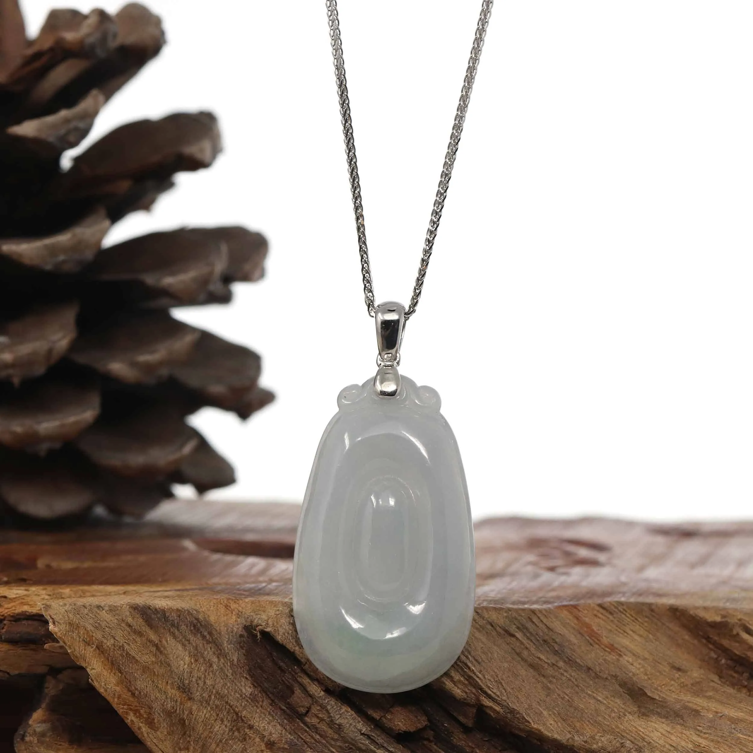 Natural Light Green Jadeite Jade Fu Bei Pendant Necklace With Sterling Silver Bail