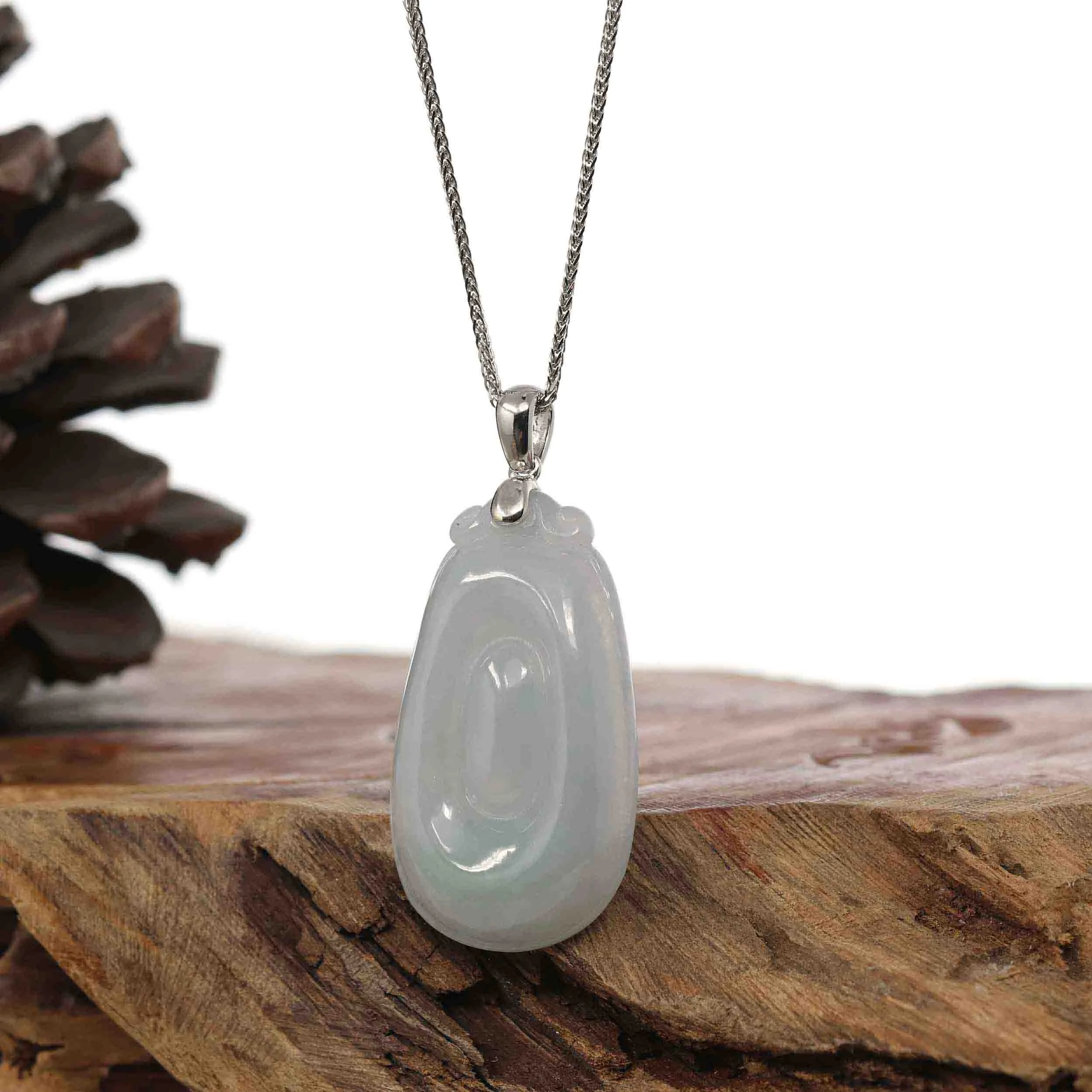 Natural Light Green Jadeite Jade Fu Bei Pendant Necklace With Sterling Silver Bail