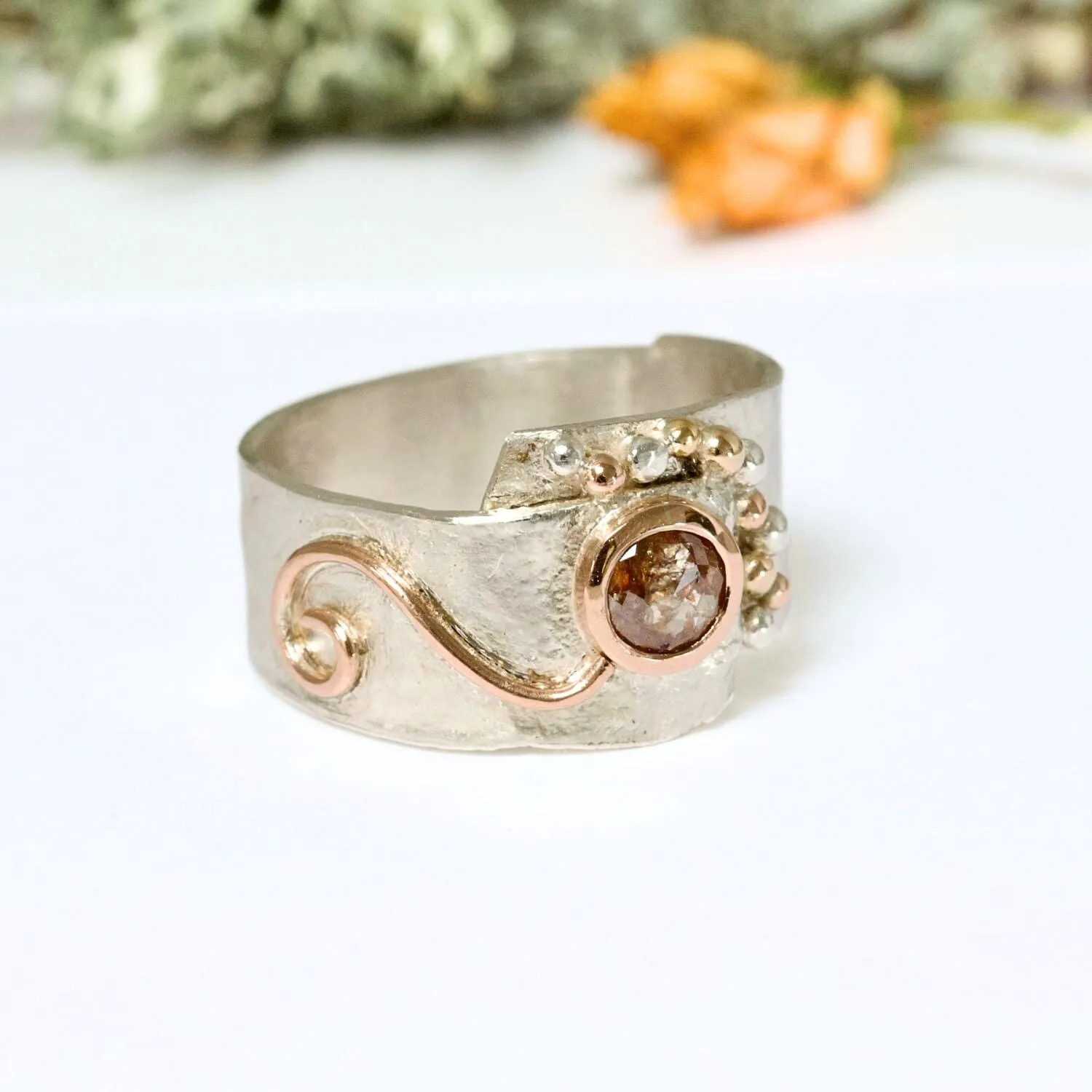 Natural Orange Rose Cut Diamond Earth Ring, Silver and Rose Gold Wide Band Ring