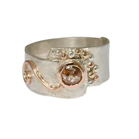 Natural Orange Rose Cut Diamond Earth Ring, Silver and Rose Gold Wide Band Ring