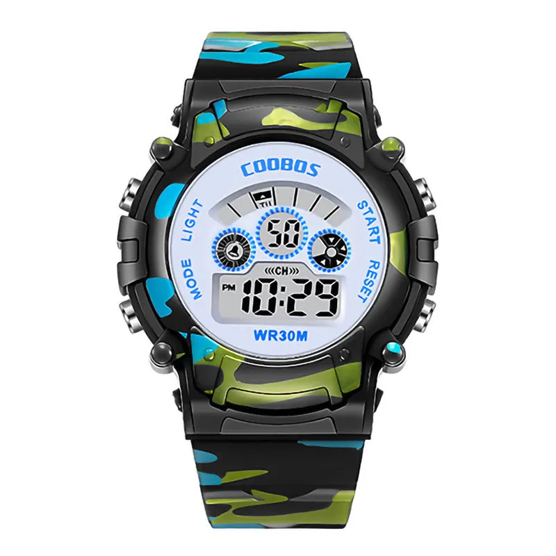 Navy Blue Camouflage Kids Watches LED Colorful Flash Digital Waterproof Alarm For Boys Girls Date Week Creative Children's Clock