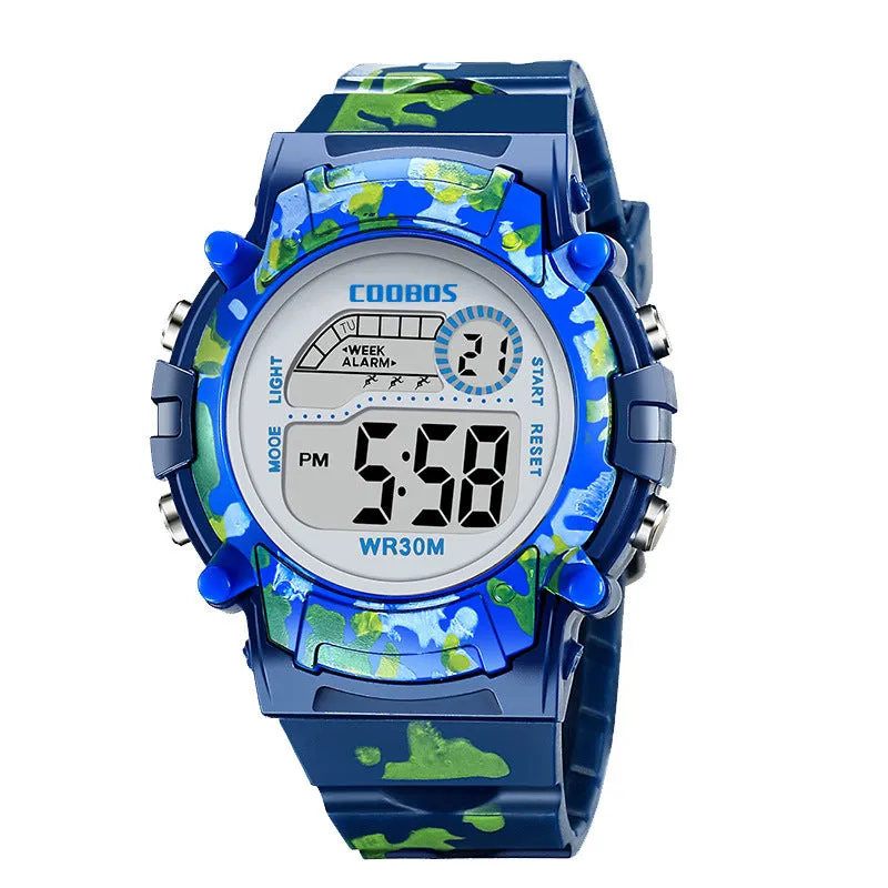 Navy Blue Camouflage Kids Watches LED Colorful Flash Digital Waterproof Alarm For Boys Girls Date Week Creative Children's Clock