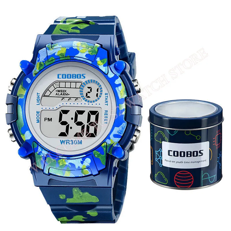 Navy Blue Camouflage Kids Watches LED Colorful Flash Digital Waterproof Alarm For Boys Girls Date Week Creative Children's Clock